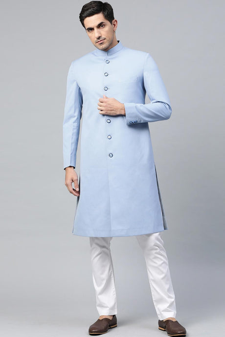 Buy Men's Art Silk  Solid Sherwani Set in Sky Blue Online - Back