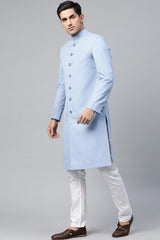 Buy Men's Art Silk  Solid Sherwani Set in Sky Blue Online - Front