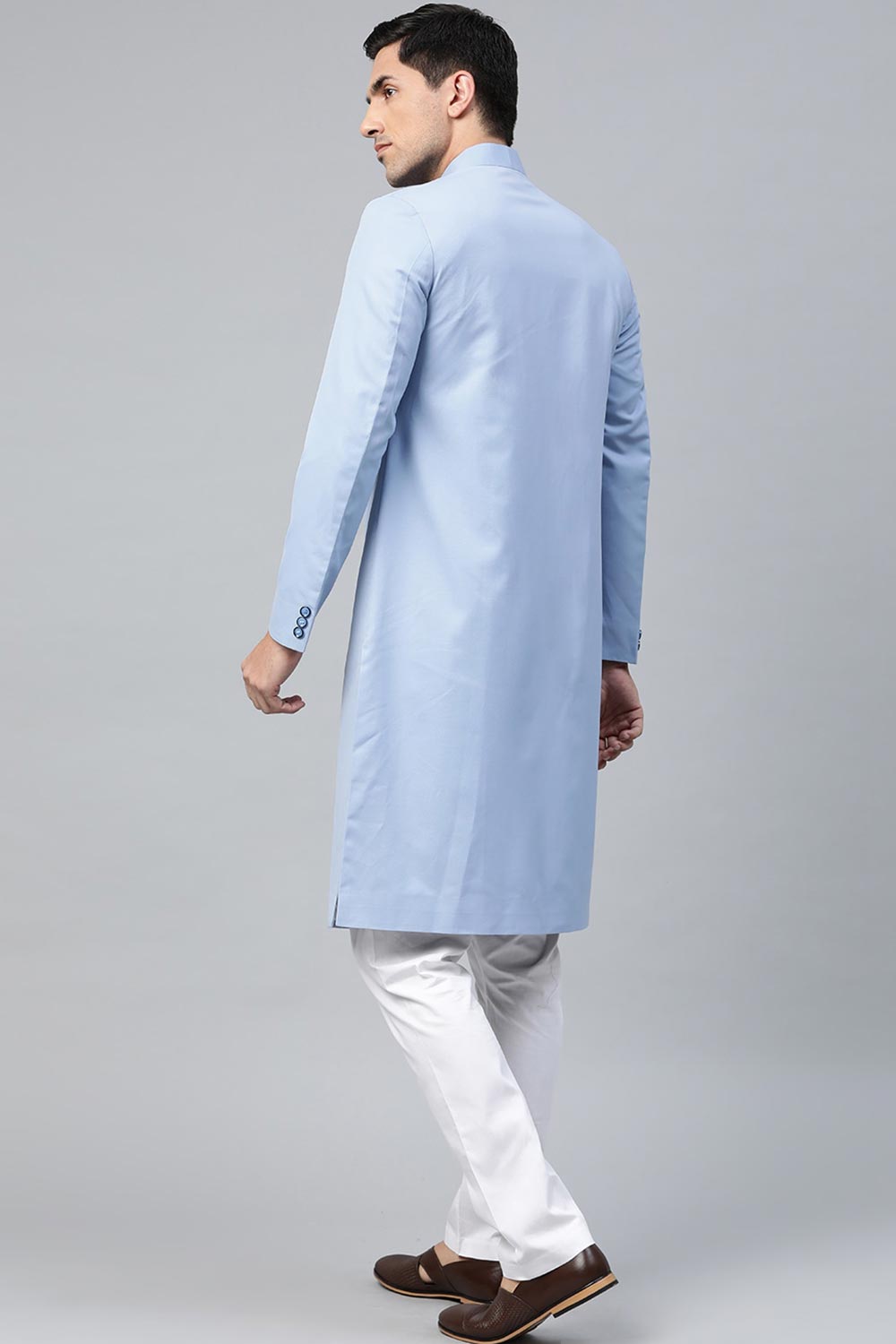 Buy Men's Art Silk  Solid Sherwani Set in Sky Blue Online - Side