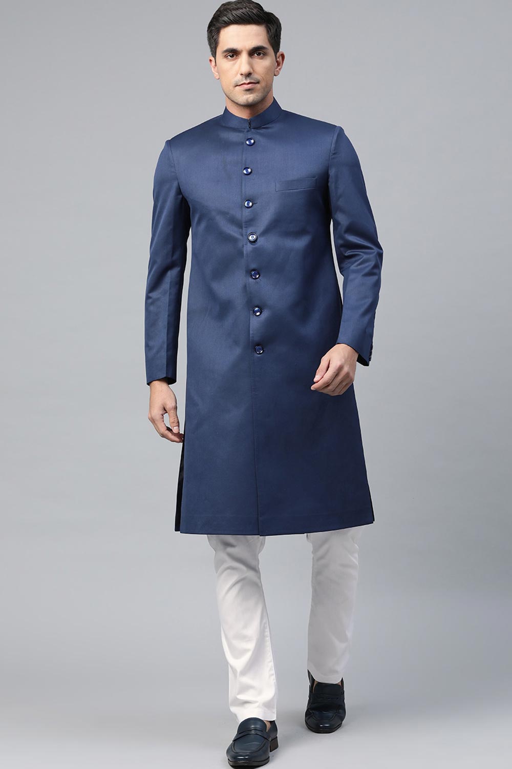 Buy Men's Art Silk  Solid Sherwani Set in Navy Blue Online - Back