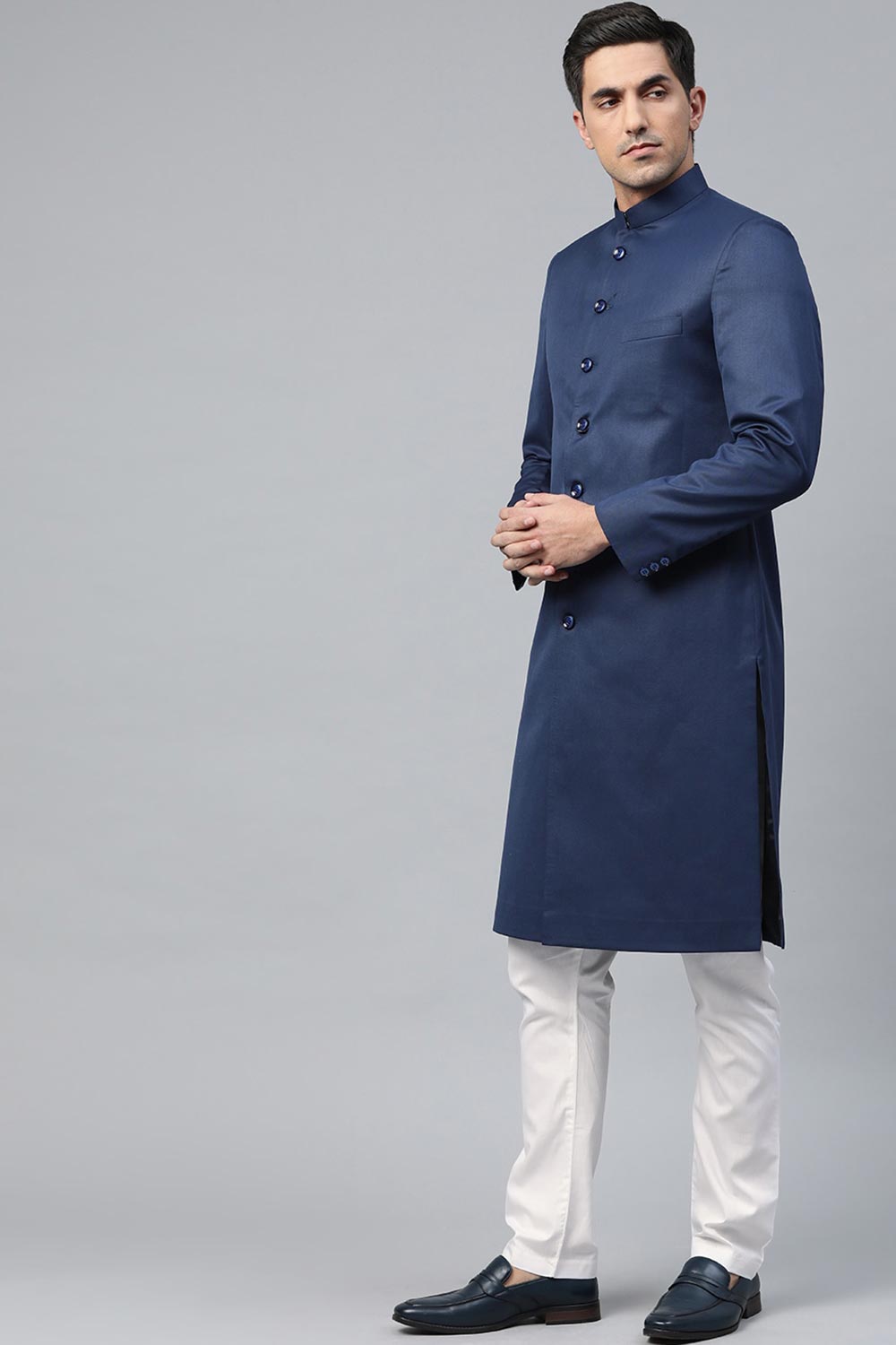 Buy Men's Art Silk  Solid Sherwani Set in Navy Blue Online - Front