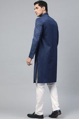 Buy Men's Art Silk  Solid Sherwani Set in Navy Blue Online - Side