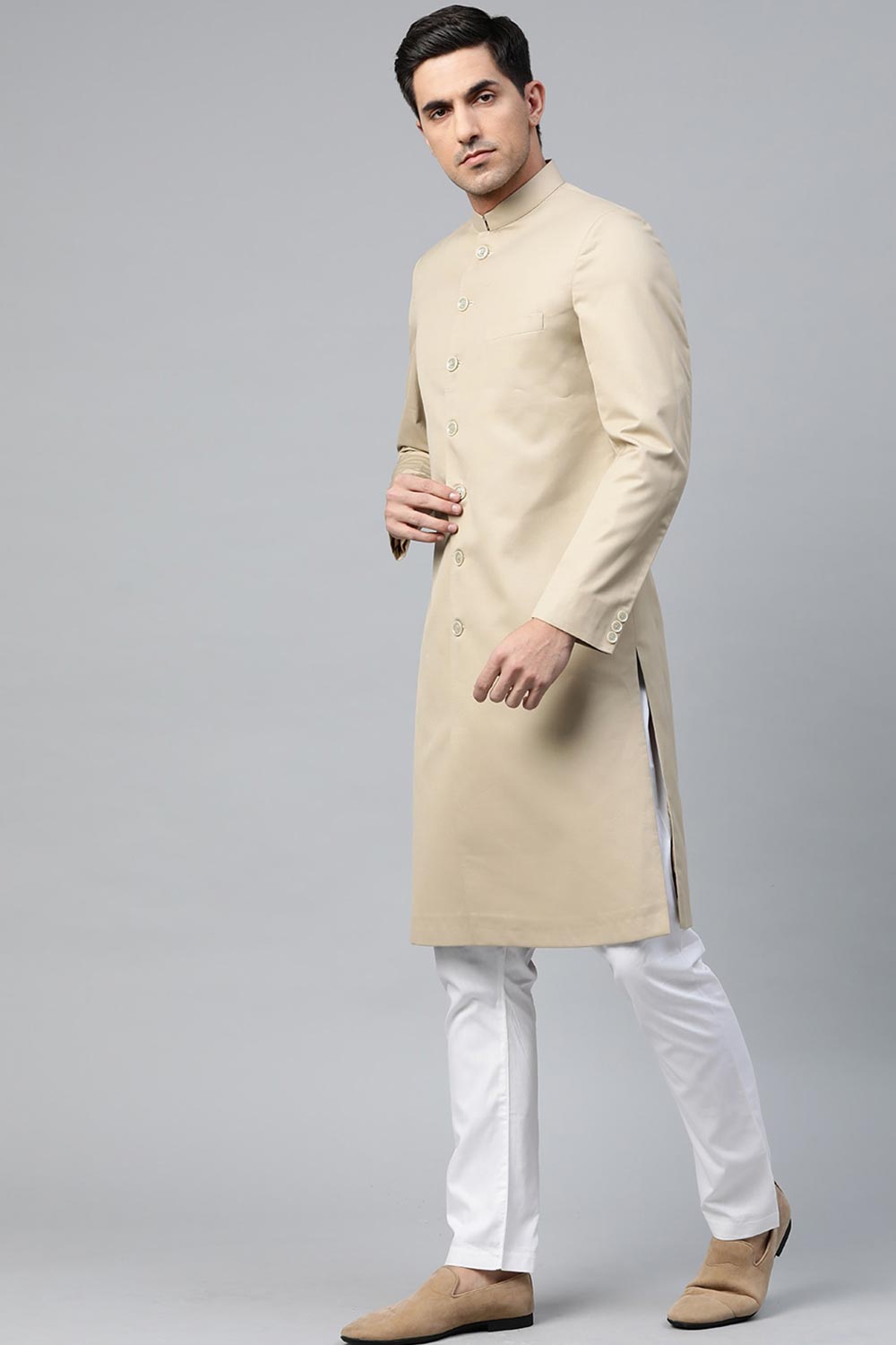 Buy Men's Art Silk  Solid Sherwani Set in Fawn  Online - Front