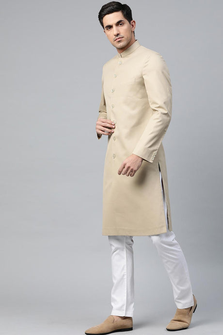 Buy Men's Art Silk  Solid Sherwani Set in Fawn  Online - Front