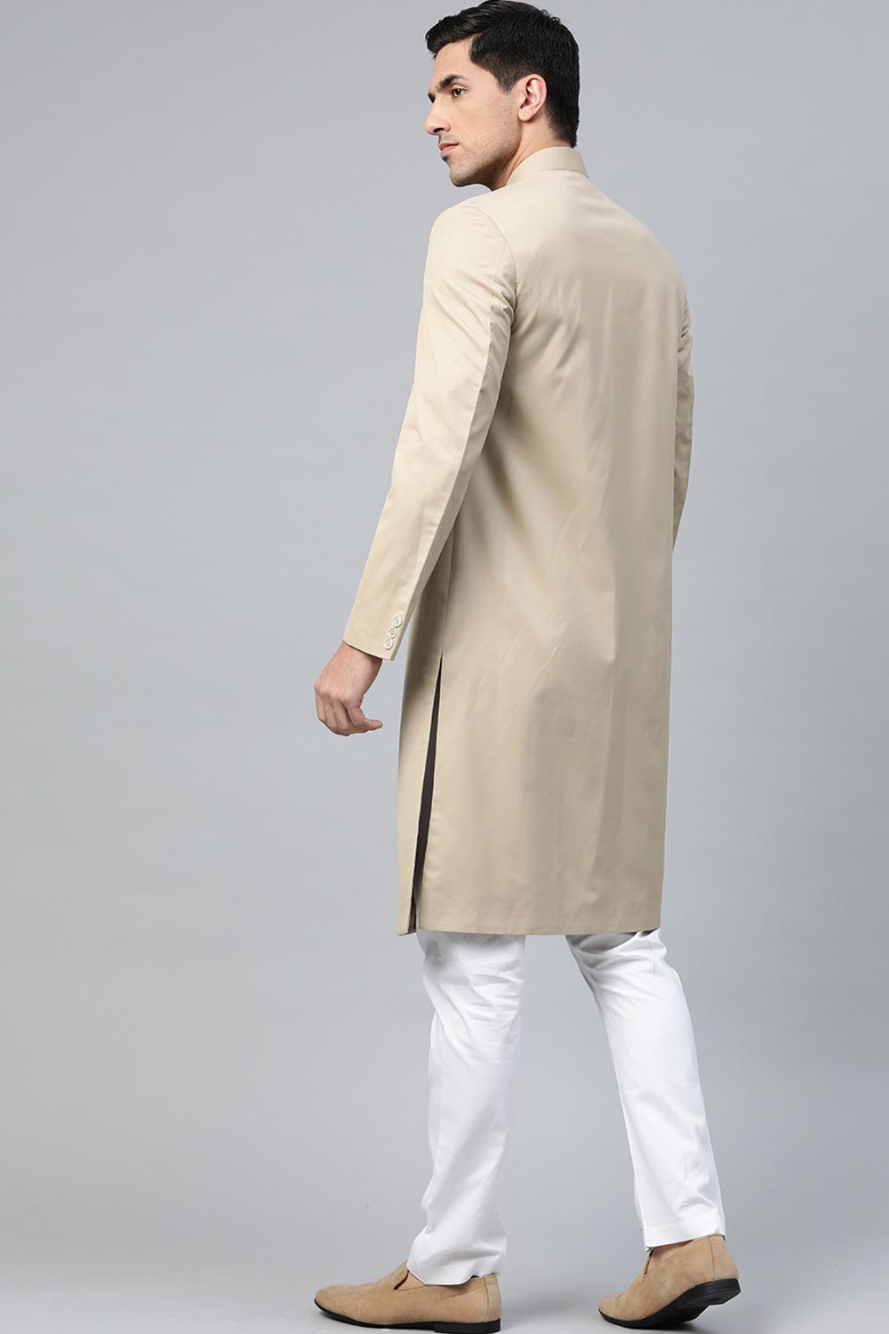 Buy Men's Art Silk  Solid Sherwani Set in Fawn  Online - Side