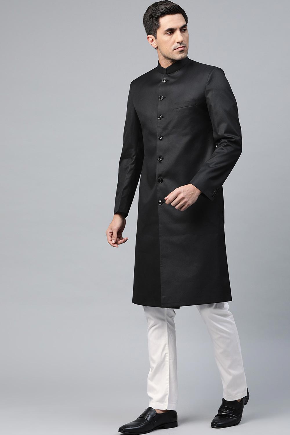 Buy Men's Art Silk  Solid Sherwani Set in Black Online - Front