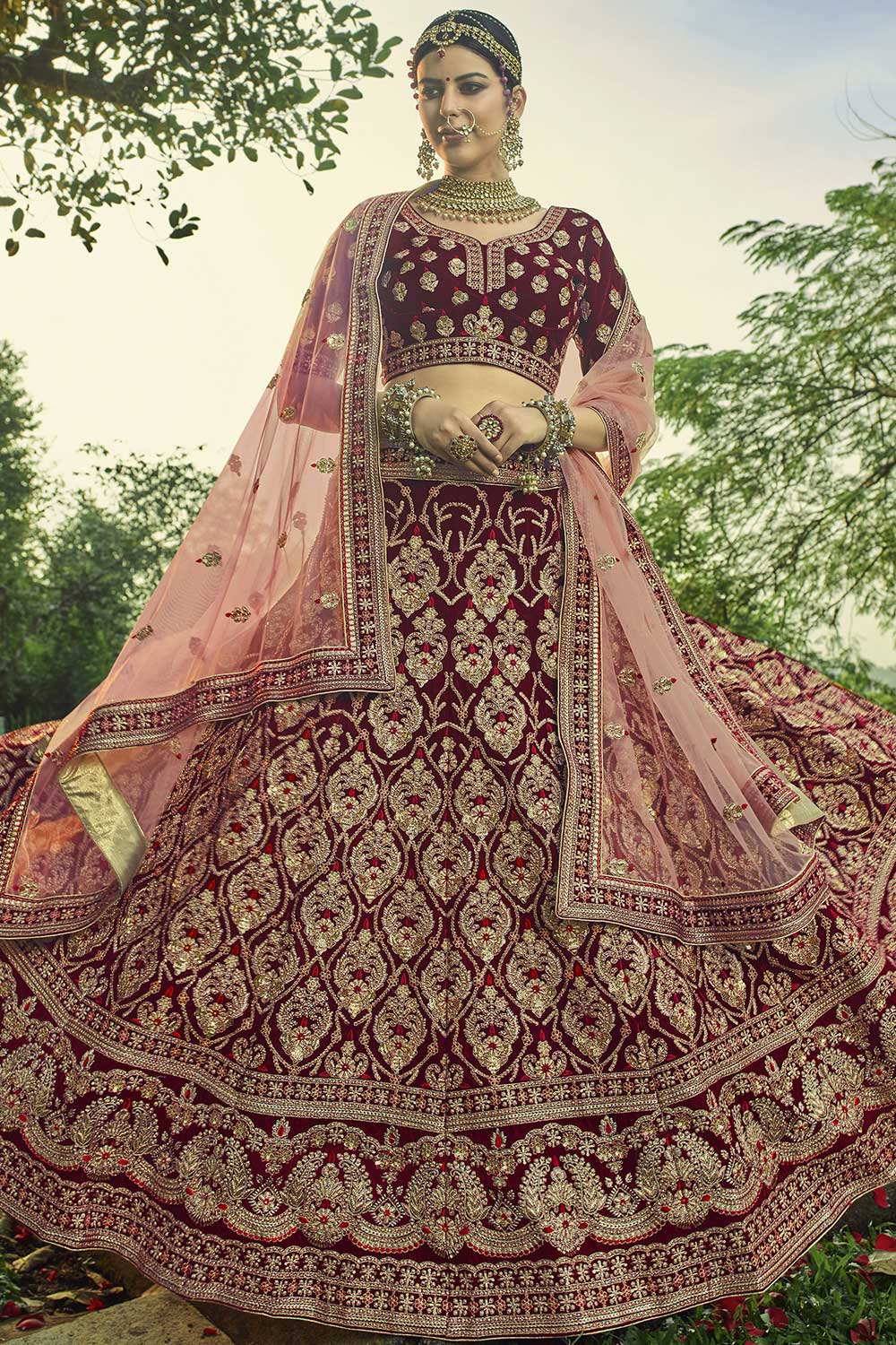 Maroon Velvet Embroidered Lehenga Choli