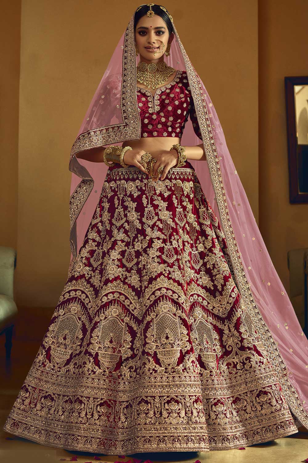 Maroon Velvet Embroidered Lehenga Choli