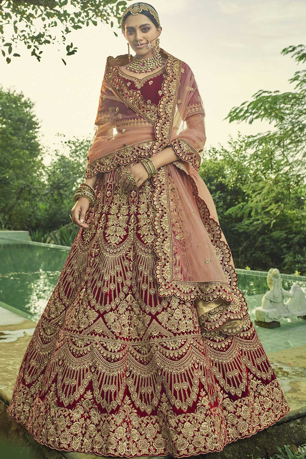 Maroon Velvet Embroidered Lehenga Choli