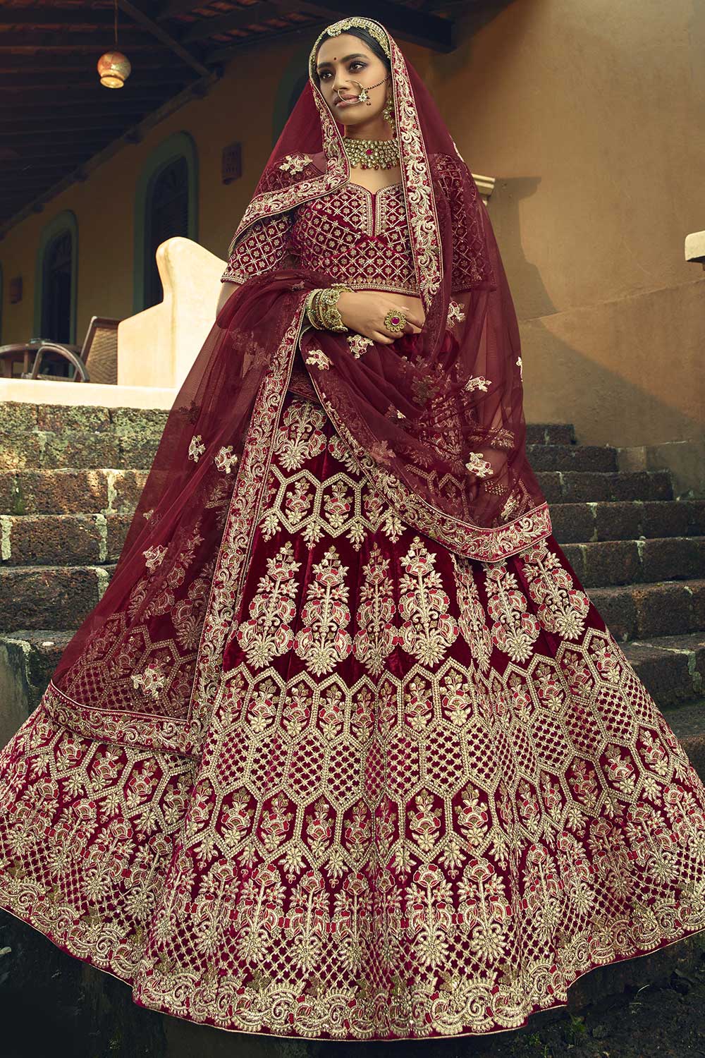 Maroon Velvet Embroidered Lehenga Choli