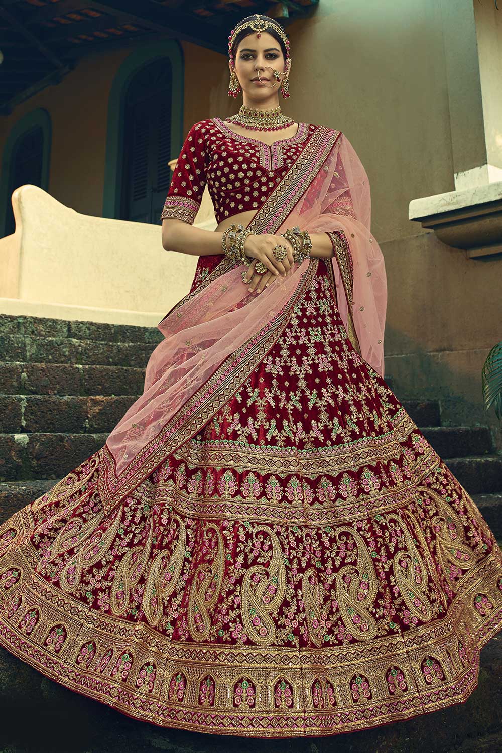 Maroon Velvet Embroidered Lehenga Choli