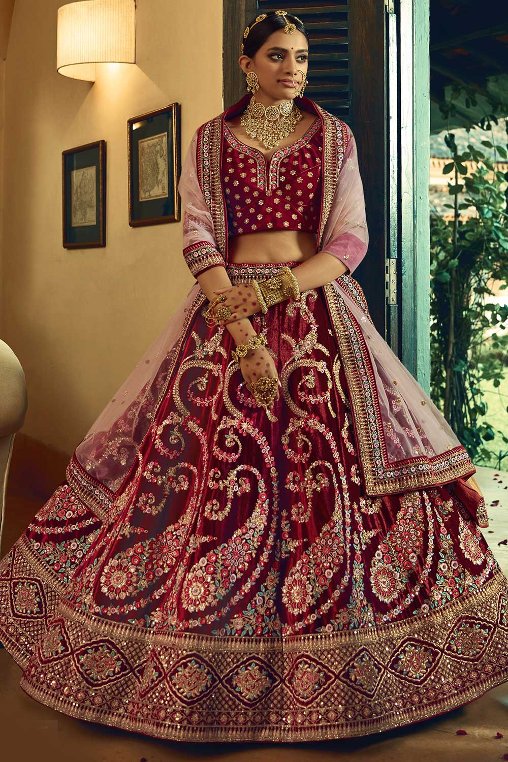 Maroon Velvet Embroidered Lehenga Choli