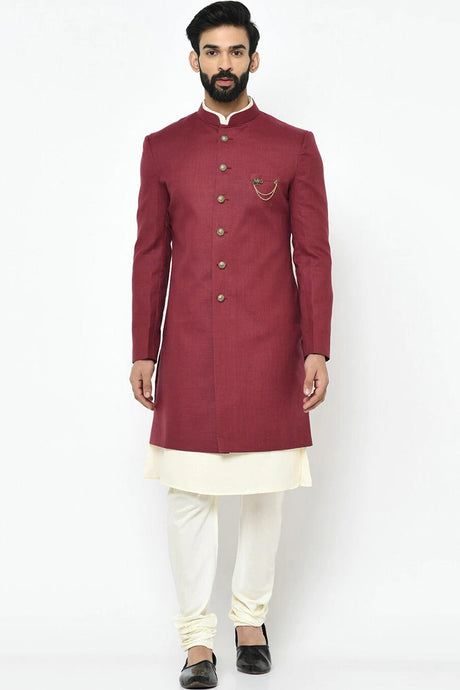 Buy Men's Art Silk  Solid Sherwani Set in Maroon  Online