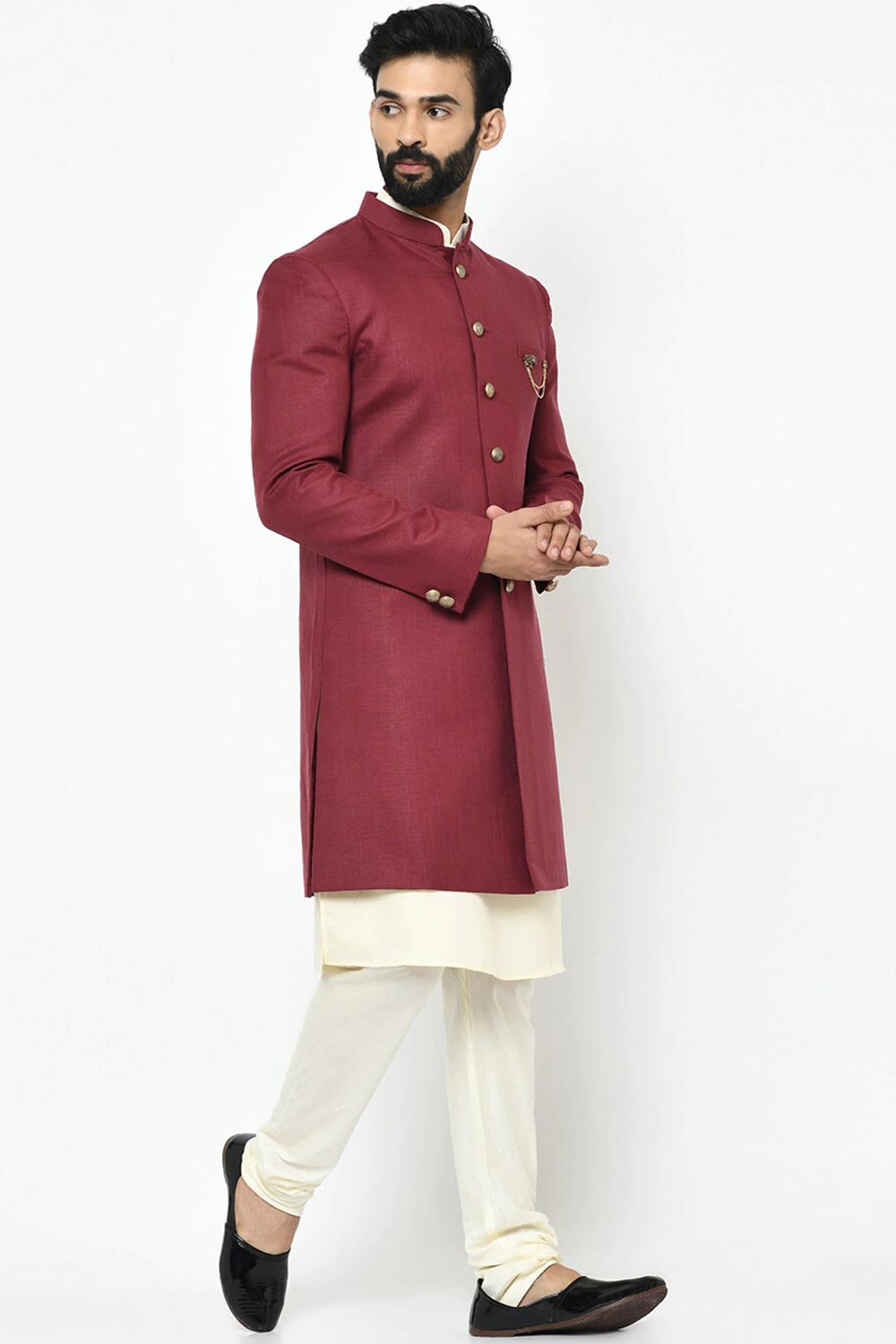 Buy Men's Art Silk  Solid Sherwani Set in Maroon  Online - Back