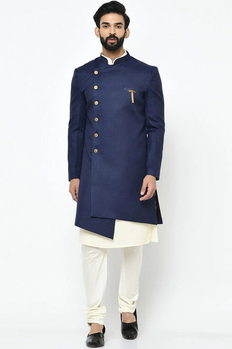 Buy Men's Art Silk  Solid Sherwani Set in Navy Blue Online