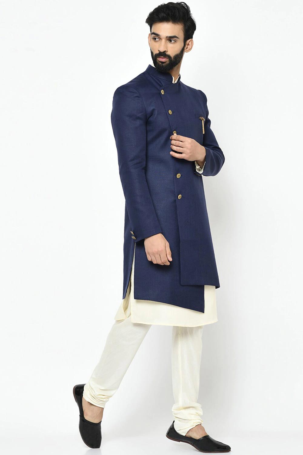 Buy Men's Art Silk  Solid Sherwani Set in Navy Blue Online - Back