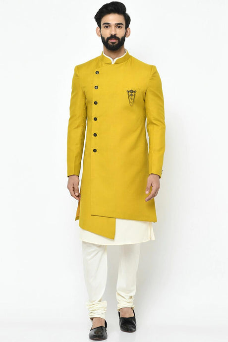 Buy Men's Art Silk  Solid Sherwani Set in Yellow  Online