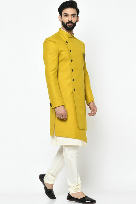 Buy Men's Art Silk  Solid Sherwani Set in Yellow  Online - Back