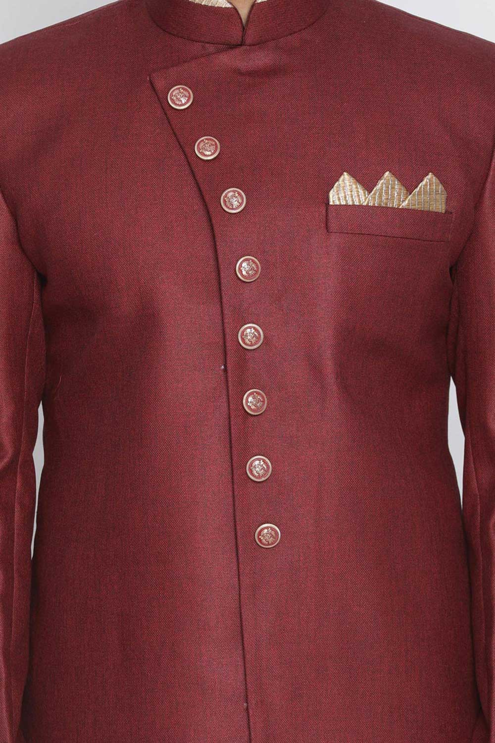 Buy Men's Art Silk  Solid Sherwani Set in Maroon  Online - Side