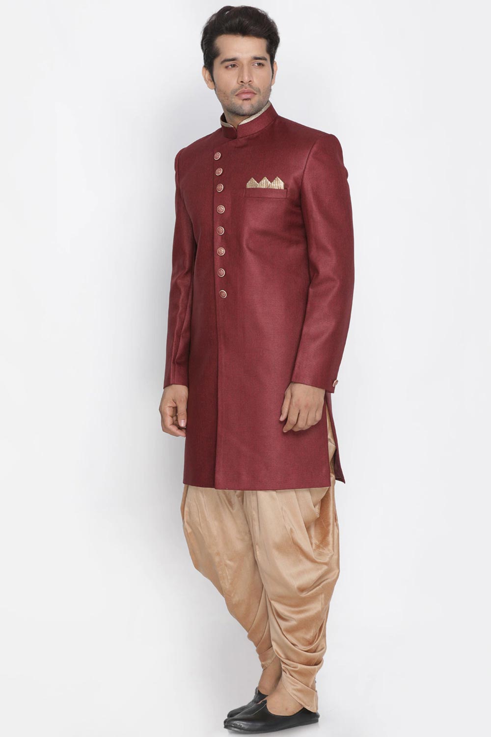 Buy Men's Art Silk  Solid Sherwani Set in Maroon  Online - Back