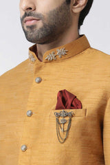 Buy Men's Silk Blend  Solid Sherwani Set in Rust  Online - Front