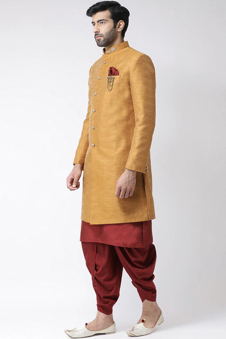 Buy Men's Silk Blend  Solid Sherwani Set in Rust  Online