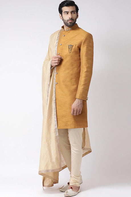 Buy Men's Silk Blend  Solid Sherwani Set in Rust  Online - Back