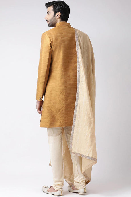 Buy Men's Silk Blend  Solid Sherwani Set in Rust  Online - Front