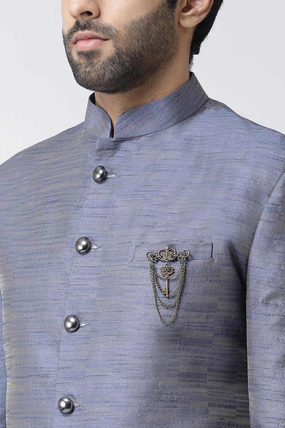 Buy Men's Silk Blend  Solid Sherwani Set in Grey Online - Front