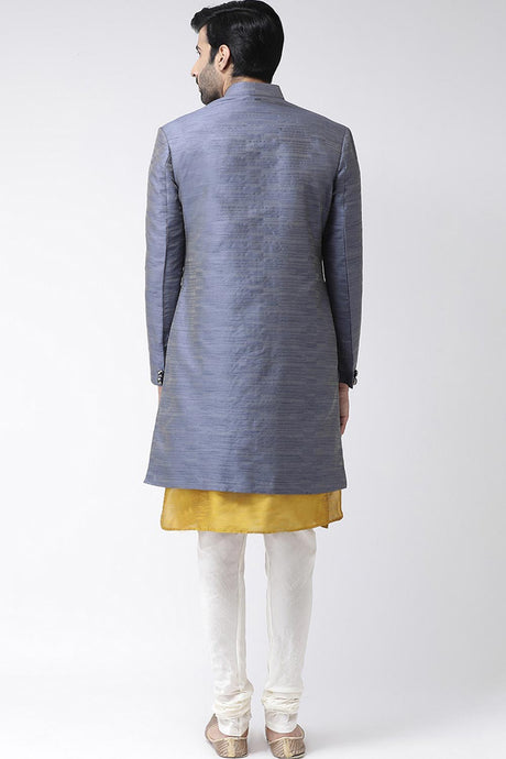 Buy Men's Silk Blend  Solid Sherwani Set in Grey Online