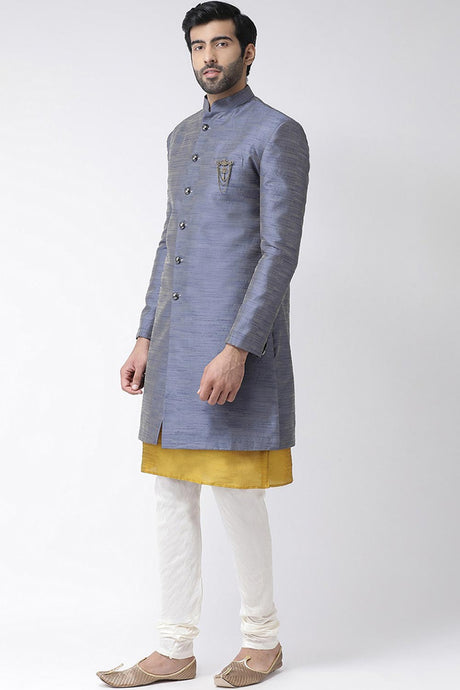 Buy Men's Silk Blend  Solid Sherwani Set in Grey Online - Back