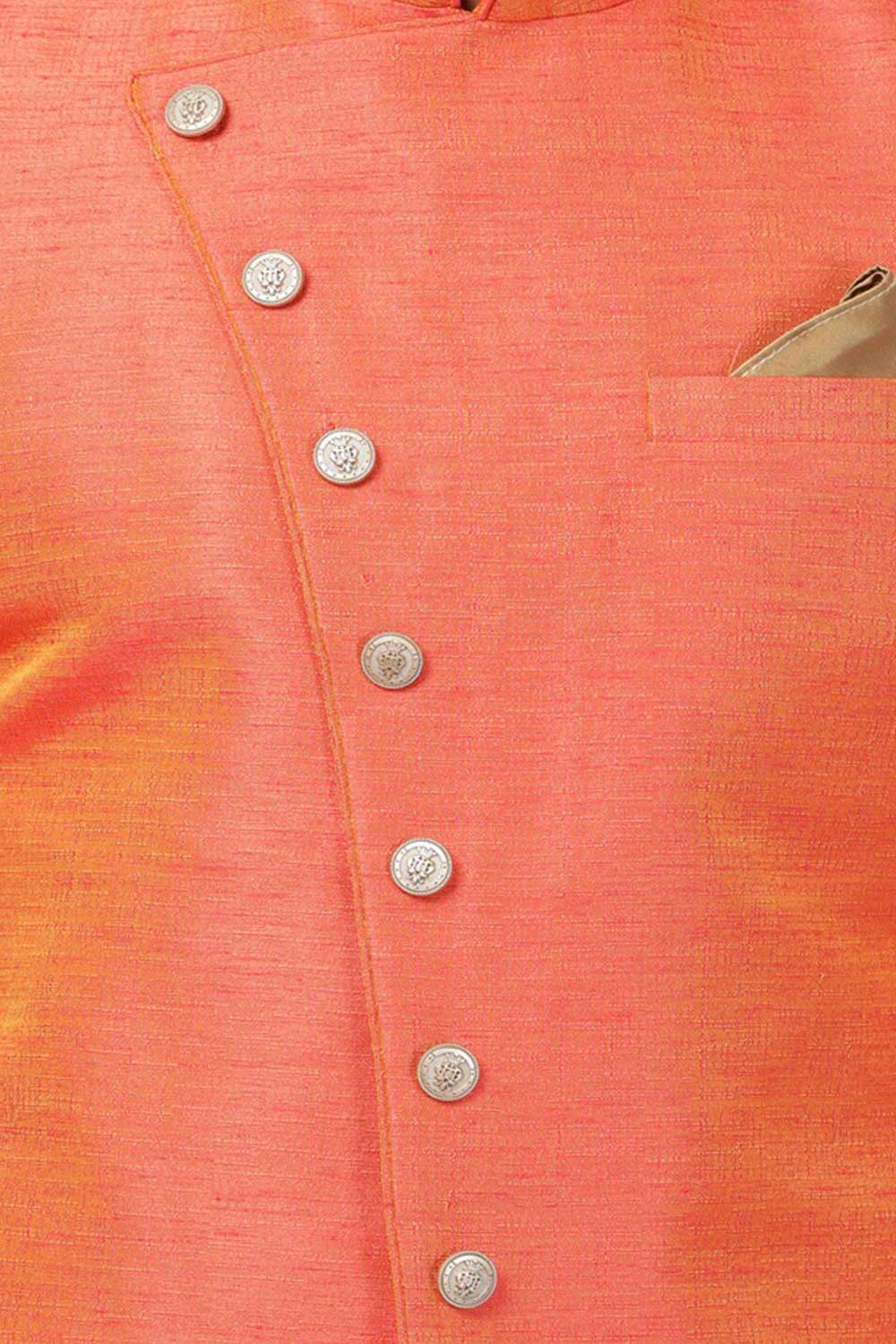 Buy Men's Silk Blend  Solid Sherwani Set in Orange  Online - Side