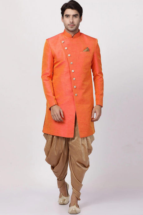 Buy Men's Silk Blend  Solid Sherwani Set in Orange  Online