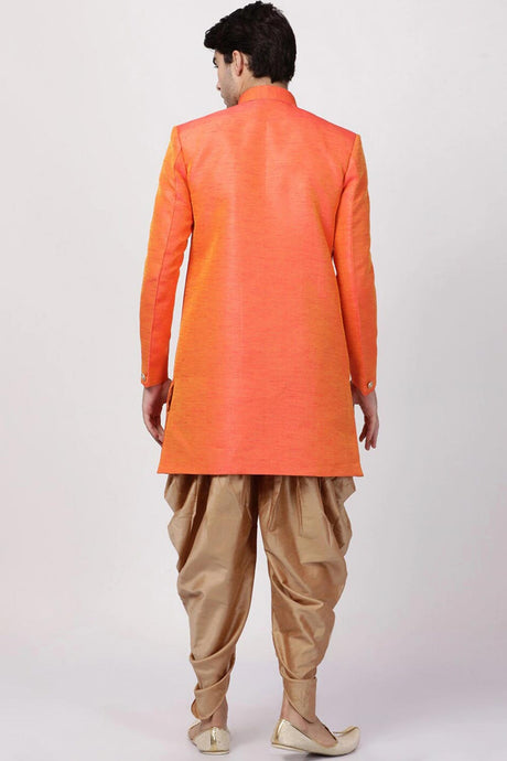 Buy Men's Silk Blend  Solid Sherwani Set in Orange  Online - Back