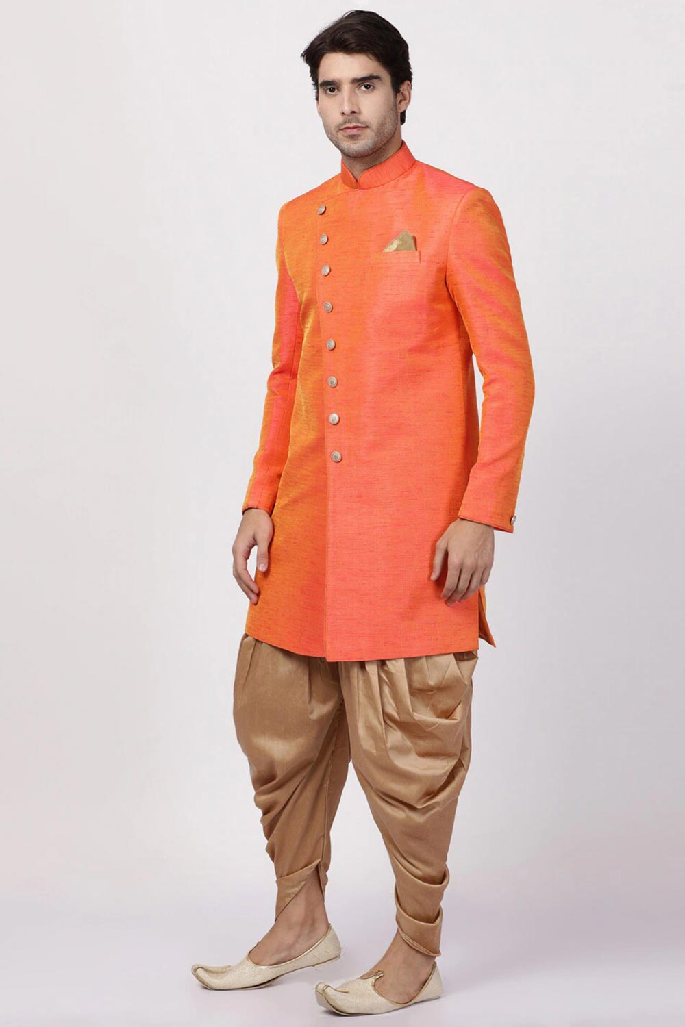 Buy Men's Silk Blend  Solid Sherwani Set in Orange  Online - Front