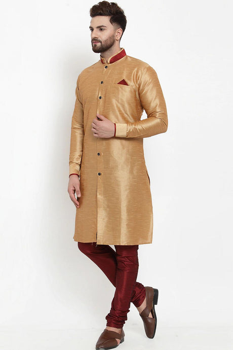 Buy Men's Silk Blend  Solid Kurta Set in Gold Online