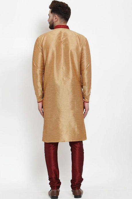Buy Men's Silk Blend  Solid Kurta Set in Gold Online - Back