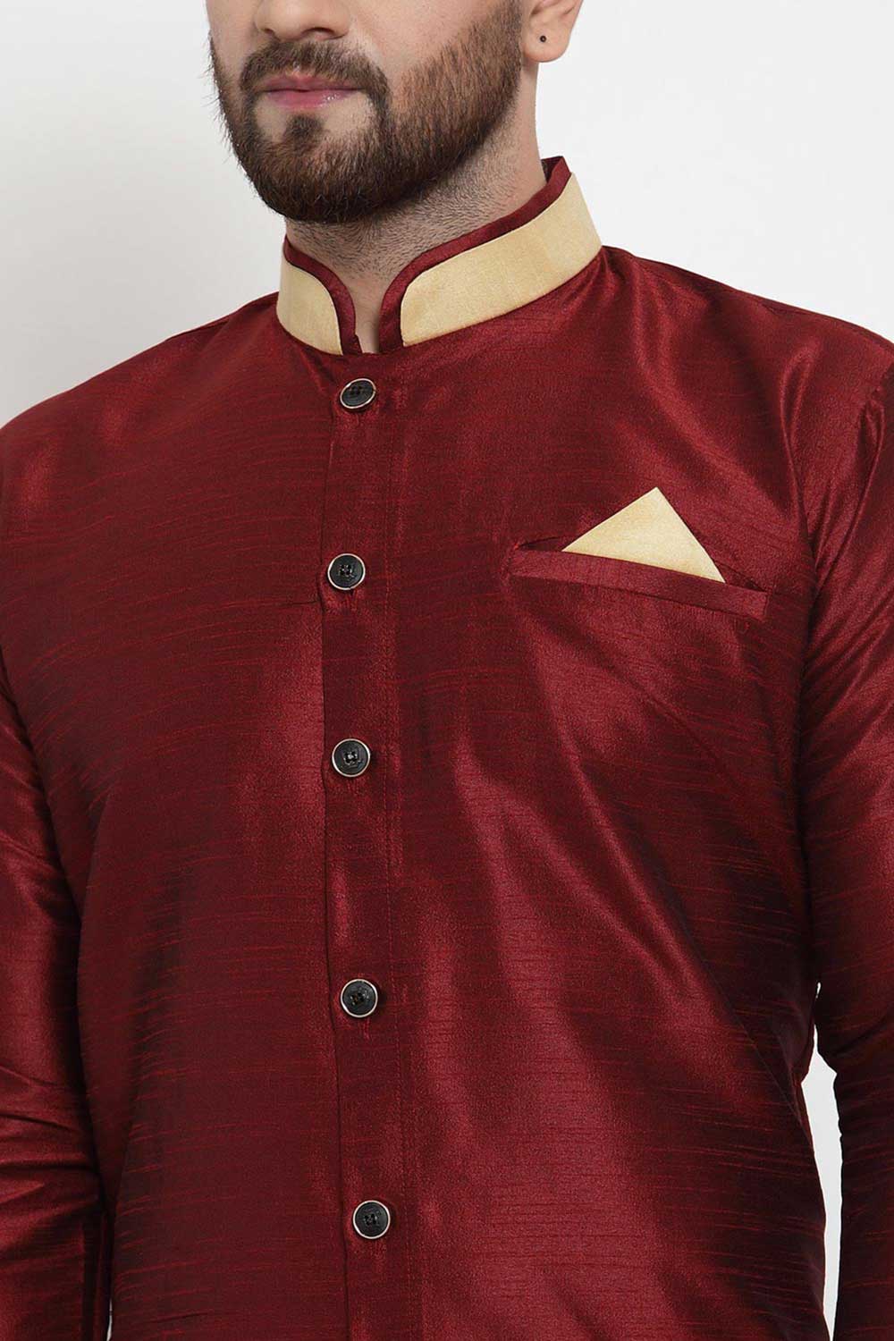 Buy Men's Silk Blend  Solid Kurta Set in Maroon  Online - Front