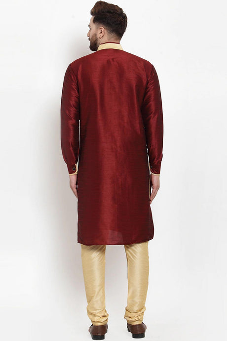 Buy Men's Silk Blend  Solid Kurta Set in Maroon  Online