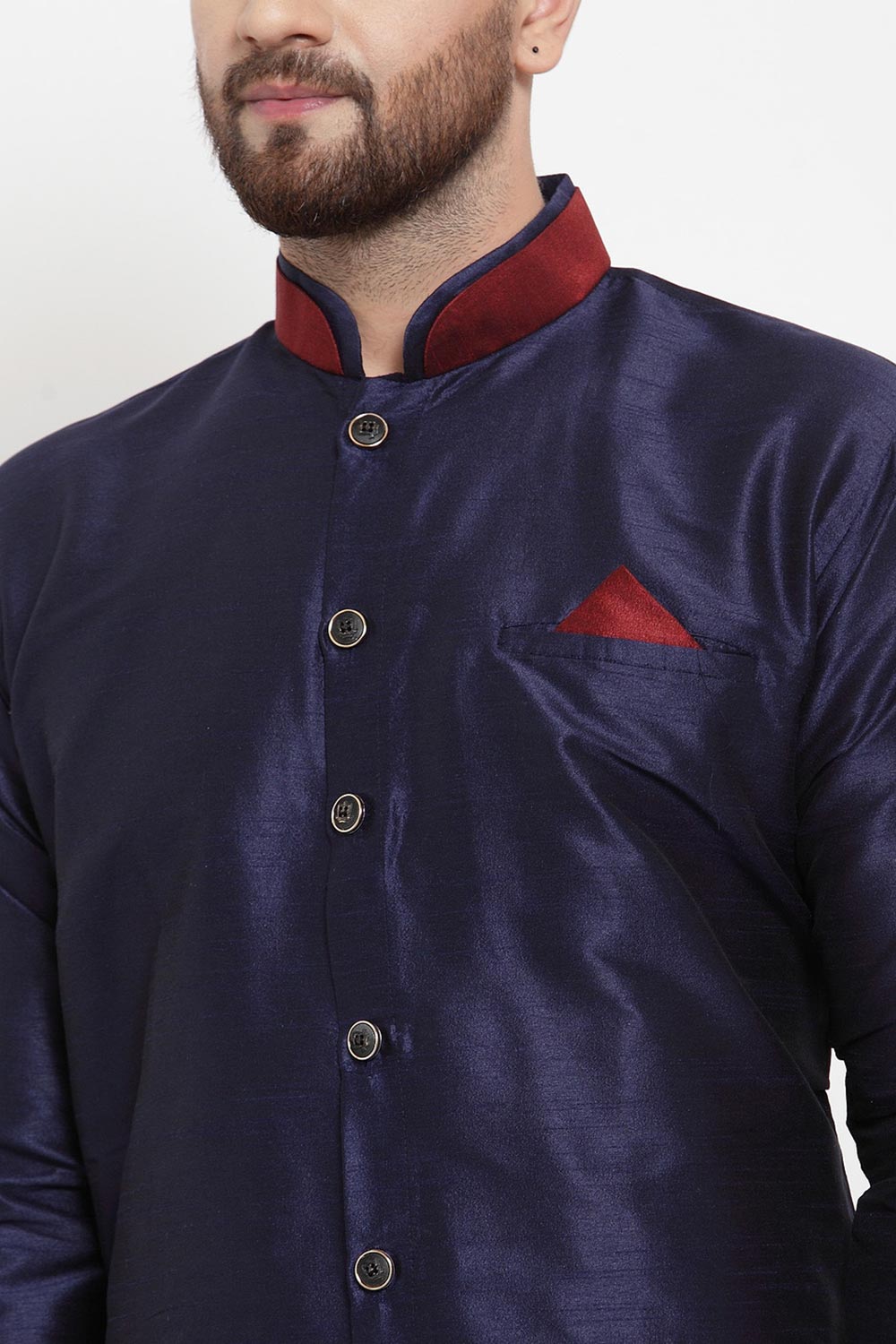 Buy Men's Silk Blend  Solid Kurta Set in Navy Blue Online - Front