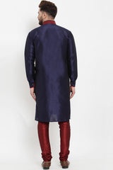 Buy Men's Silk Blend  Solid Kurta Set in Navy Blue Online