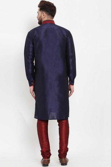 Buy Men's Silk Blend  Solid Kurta Set in Navy Blue Online