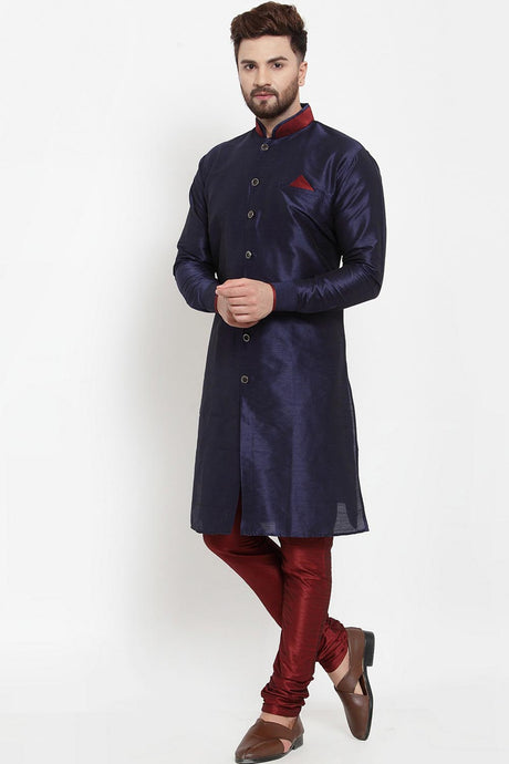 Buy Men's Silk Blend  Solid Kurta Set in Navy Blue Online - Back