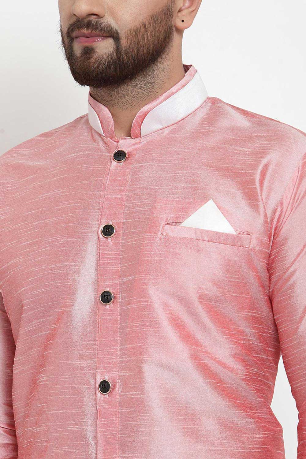 Buy Men's Silk Blend  Solid Kurta Set in Light Pink Online - Front