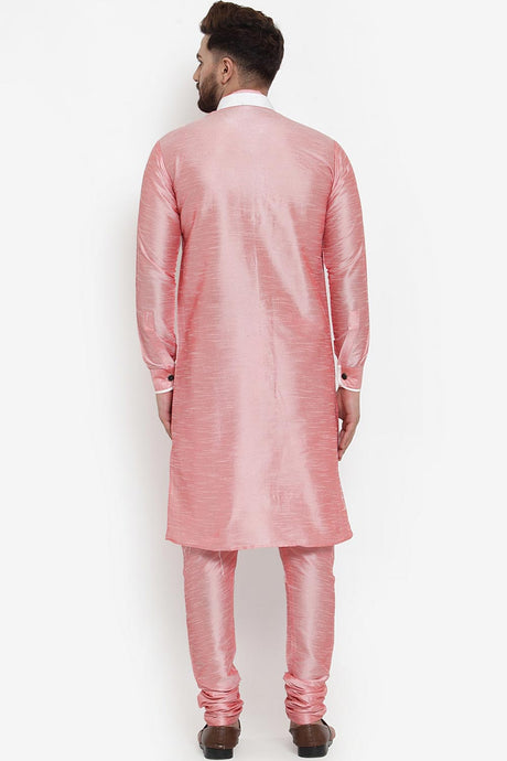 Buy Men's Silk Blend  Solid Kurta Set in Light Pink Online
