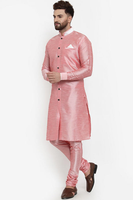 Buy Men's Silk Blend  Solid Kurta Set in Light Pink Online - Back