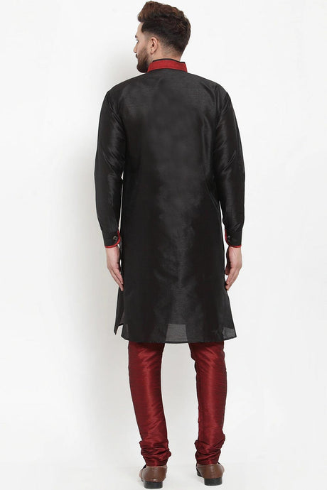 Buy Men's Silk Blend  Solid Kurta Set in Black  Online