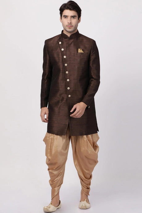 Buy Men's Silk Blend  Solid Sherwani Set in Coffee  Online