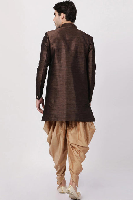 Buy Men's Silk Blend  Solid Sherwani Set in Coffee  Online - Back