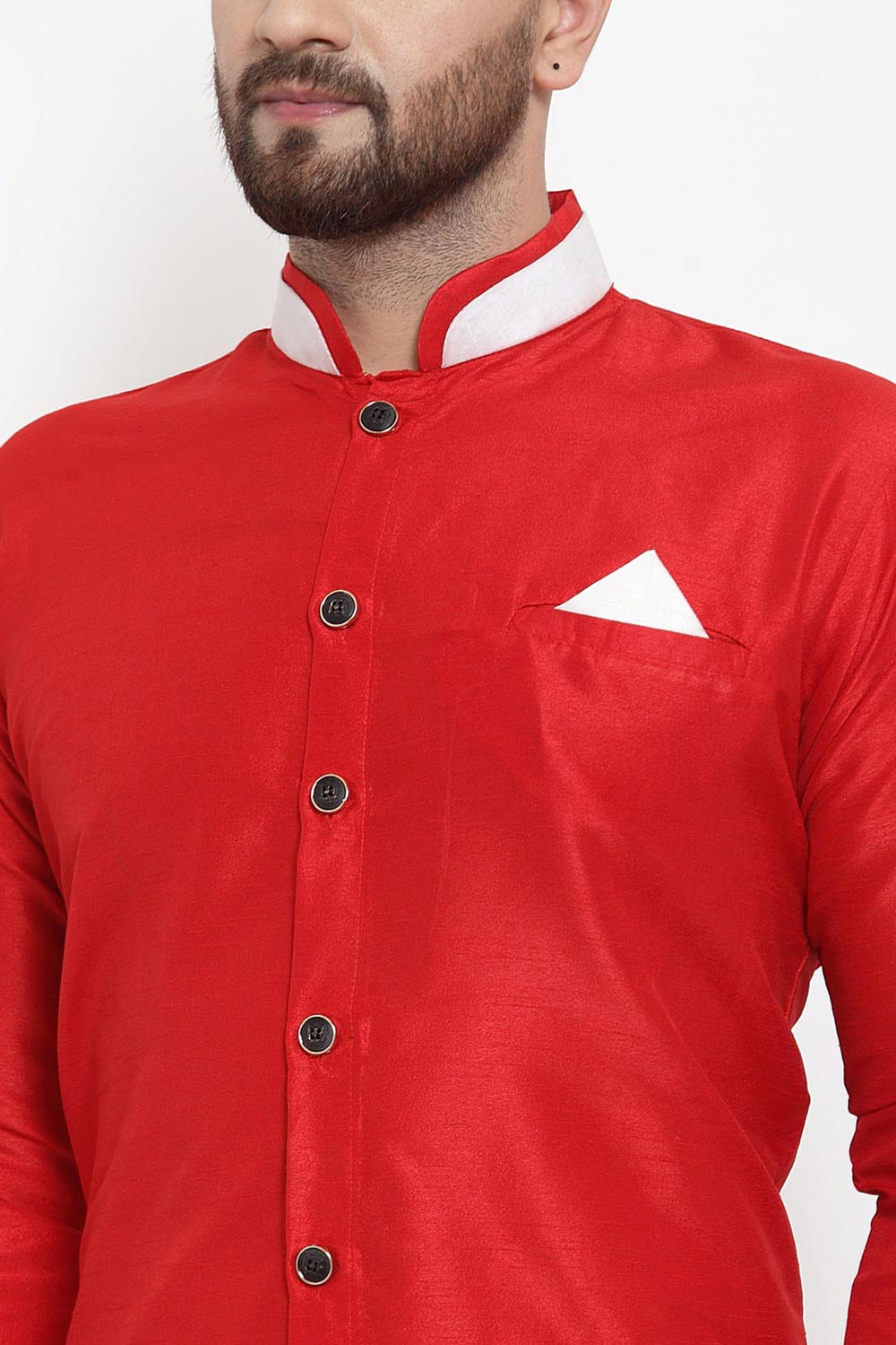 Buy Men's Silk Blend  Solid Kurta Set in Red  Online - Front